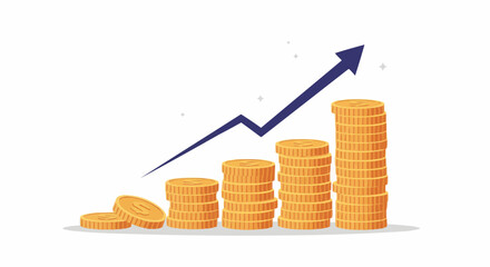 Growing stacks of gold coins with an upward arrow. Concept of financial success, investment return, profit growth, and wealth accumulation. Vector