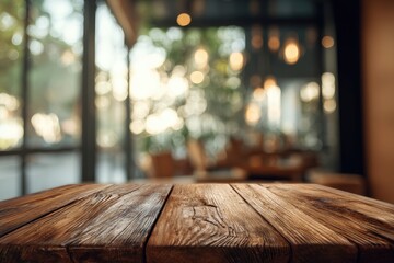 Rustic wooden table in front of a cafe