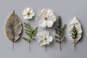 Dried botanicals arranged on a muted gray background.  Various dried leaves and flowers,  pale white and muted greens.  Flat lay aesthetic