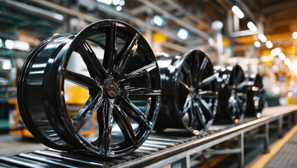 Black alloy wheels on a conveyor belt in a factory