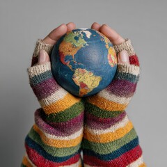 Hands holding a small globe, wrapped in colorful striped mittens, against a muted gray backdrop