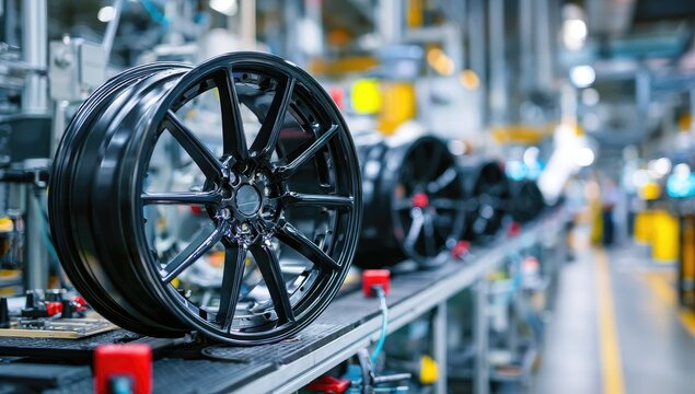 Black alloy wheel on a factory conveyor belt