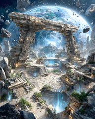 Futuristic CGI Visuals Futuristic ruins with cosmic background scenery. Hyper-real 3D Renderings Cinematic Digital Fantasy