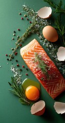 Fresh salmon fillet with herbs, eggs, and spices arranged on a green surface