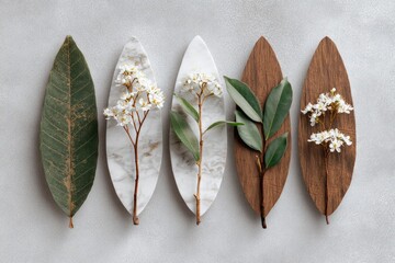 Five leaf-shaped vessels, alternating marble and wood, hold small white flowers and leaves