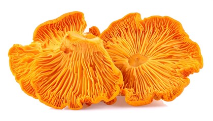 Two vibrant orange mushrooms on white background