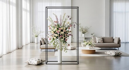 A modern living room setting, highlighted by a tall, elegant floral display in a tall vase, with soft, pastel tones and natural light.