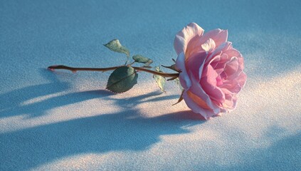 Delicate pink rose lying on a light, textured surface, bathed in soft sunlight