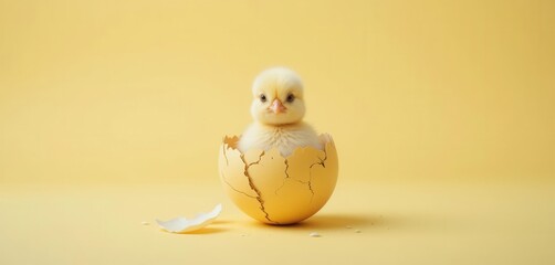 A New Beginning  Baby Chick Peeking Out, Gentle Light, Embracing Hope, Symbolizing Innocence, Fresh Start on Mellow Yellow Backdrop.