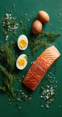 Fresh salmon, eggs, and dill on a green surface