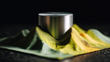 A metallic cylinder rests atop a textured, color-shifted surface