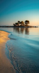 Tranquil island sunrise.  Coastal scene at dawn.  Soft golden sand meets calm turquoise water.  Small island with trees and buildings mirrored in the water.  Clear sky.  Gentle waves