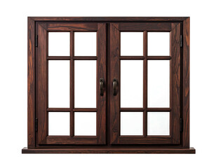 Dark brown wooden double-hung window with divided panes