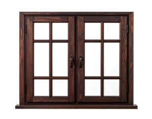 Dark brown wooden double-hung window with divided panes