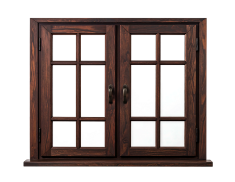 Dark brown wooden double-hung window with divided panes