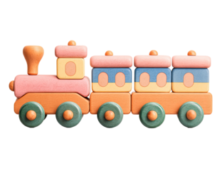 Pastel-colored wooden toy train with an engine and three cars, featuring rounded edges and simple detailing