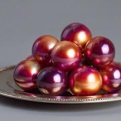 A cluster of iridescent,  red-purple orbs on a silver plate