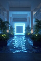 Neon blue square portal in a tropical indoor pool