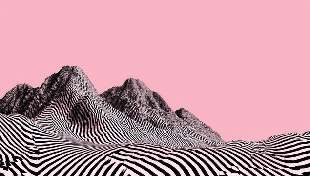 Abstract landscape with black and white striped hills against a pink sky