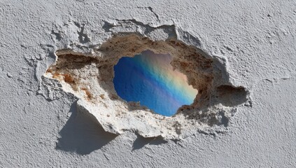 A hole in a weathered wall reveals a vibrant rainbow against a partly cloudy sky