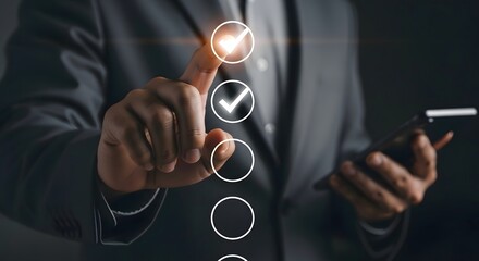 Businessman using checklist app on smartphone for task management and productivity boost today