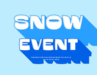 Vector Winter invitation Snow Event. Stylish Font with Big Blue Shadow. Trendy 3D Alphabet Letters and Numbers set.