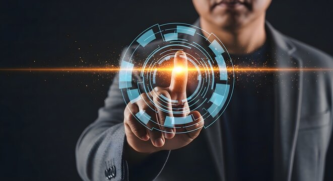 Businessman touching virtual interface technology concept for future innovation ideas