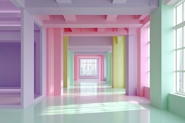 Pastel-colored hallway with large windows