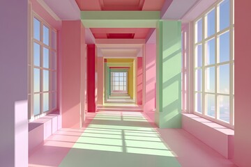 Pastel corridor with large windows