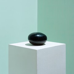 Dark, smooth sphere on a white cube pedestal against a split-toned backdrop