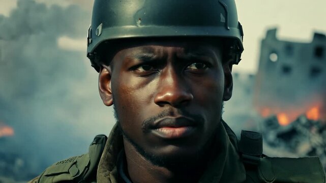 Close-up portrait of an African American soldier looking at camera. Smoke, soot and the outline of a destroyed city behind him. Focused soldier portrait, soot-covered, with ruins looming behind.