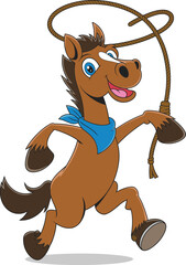 Cartoon horse character dancing upright, funny cowboy mascot with lasso, cheerful western animal illustration for kids, playful farm ranch artwork