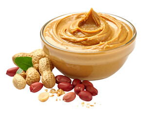 Peanut butter in a bowl, with peanuts
