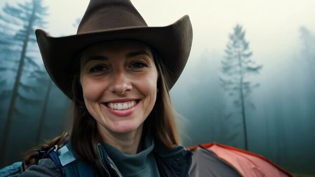 A young Caucasian female hiker in a cowboy hat in a mountain forest looking at camera and smiling. A joyful hiker in a cowboy hat enjoys the mountain forest, smiling directly at the camera.