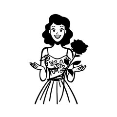 Black and white vector illustration of a beautiful woman holding a flower, minimal clean line art style