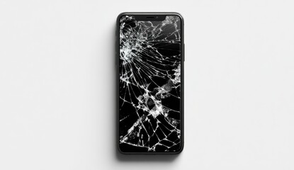 Broken smartphone screen on a white surface