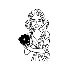 Black and white vector illustration of a beautiful woman holding a flower, minimal clean line art style