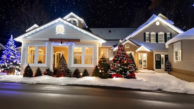 Christmas decorated houses on the street of a small European town. Christmas magic fills this small European town street, where houses shine bright with festive holiday decorations.