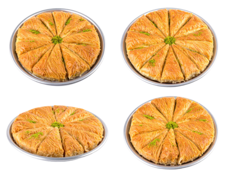 Overhead View of Four Knafeh Dishes Isolated on Transparent Background Displaying Golden Baked Pastry Sections with Green Garnish