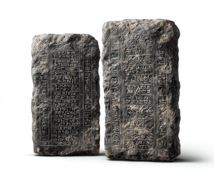 Two weathered stone tablets,  etched with ancient script, stand side-by-side against a white background.  Different sizes