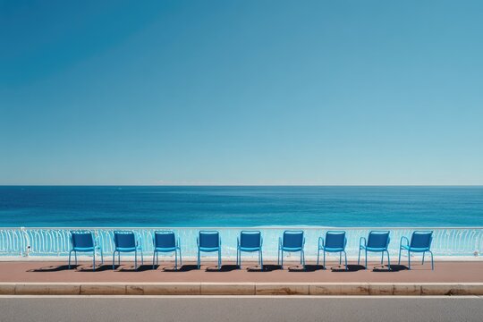 Blue chairs on a seaside promenade - Powered by Adobe