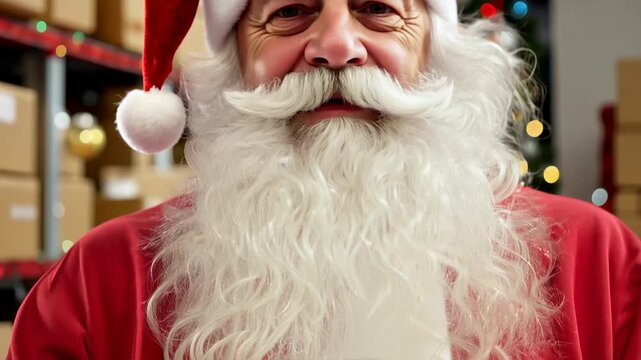 Santa Claus sits in the warehouse of his factory and keeps a record of gifts. Warehouse of gifts of Santa Claus. Accounting and distribution Christmas gifts for all children on the planet.