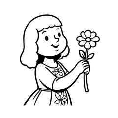 Black and white vector illustration of a beautiful woman holding a flower, minimal clean line art style