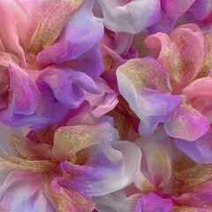 Abstract floral pattern of swirling, textured petals in pastel pinks, purples, and whites, embellished with gold glitter