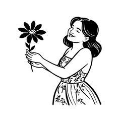 Black and white vector illustration of a beautiful woman holding a flower, minimal clean line art style