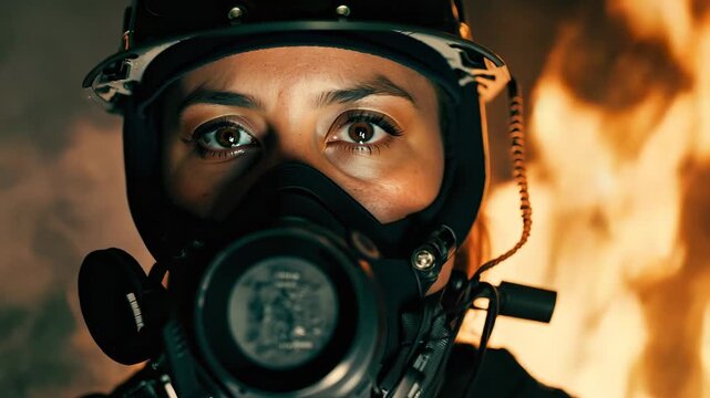 Female firefighter in a protective mask and helmet during her work. A raging flame behind her. Firefighter woman battles flames head-on, fully protected by gear and helmet.