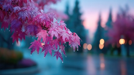 Close Up of Red Maple Leaves with Water Droplets in Autumn Cinematic Lighting and Soft Focus Bokeh Background