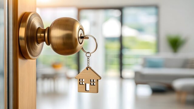 House key in a door lock with a blurred background of a modern living room.