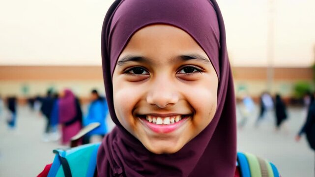 A Muslim pupil girl in hijab and with backpack standing next the school, looking at camera and smiling. Smiling young girl in hijab stands confidently by the school, backpack visible.