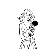 Black and white vector illustration of a beautiful woman holding a flower, minimal clean line art style